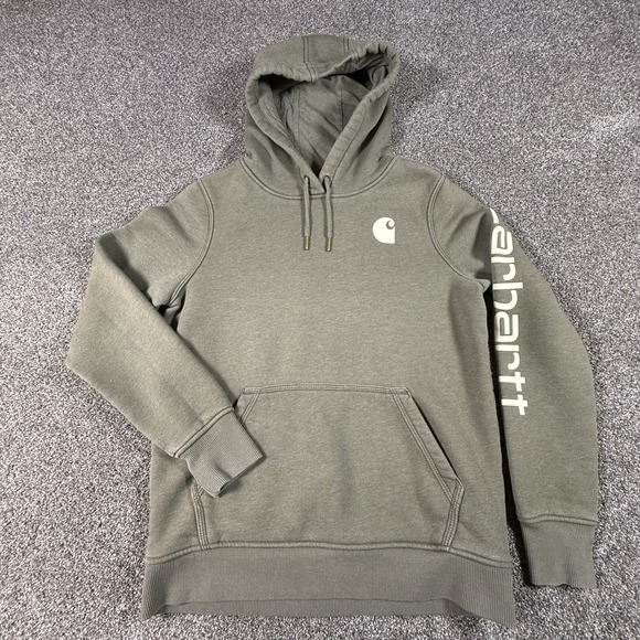 Carhartt Tops - Carhartt Womens S 4-6 Olive Green Pullover Hoodie Spellout Logo Relaxed Fit